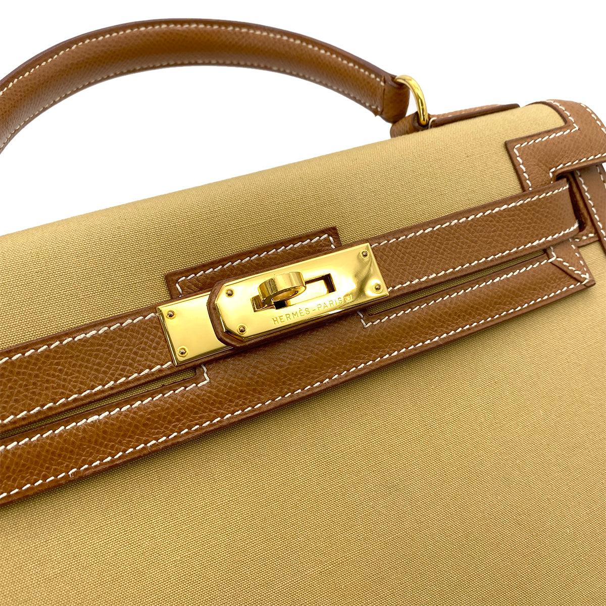 HERMES KELLY 28 GOLD COUCHVEL TOILE HAND SHOULDER BAG 〇Y GHW 90252001