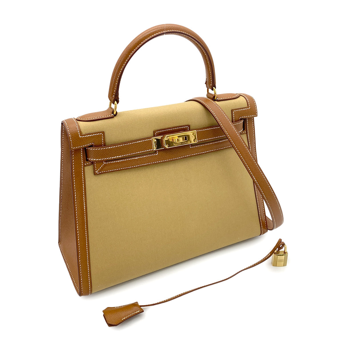 HERMES KELLY 28 GOLD COUCHVEL TOILE HAND SHOULDER BAG 〇Y GHW 90252001