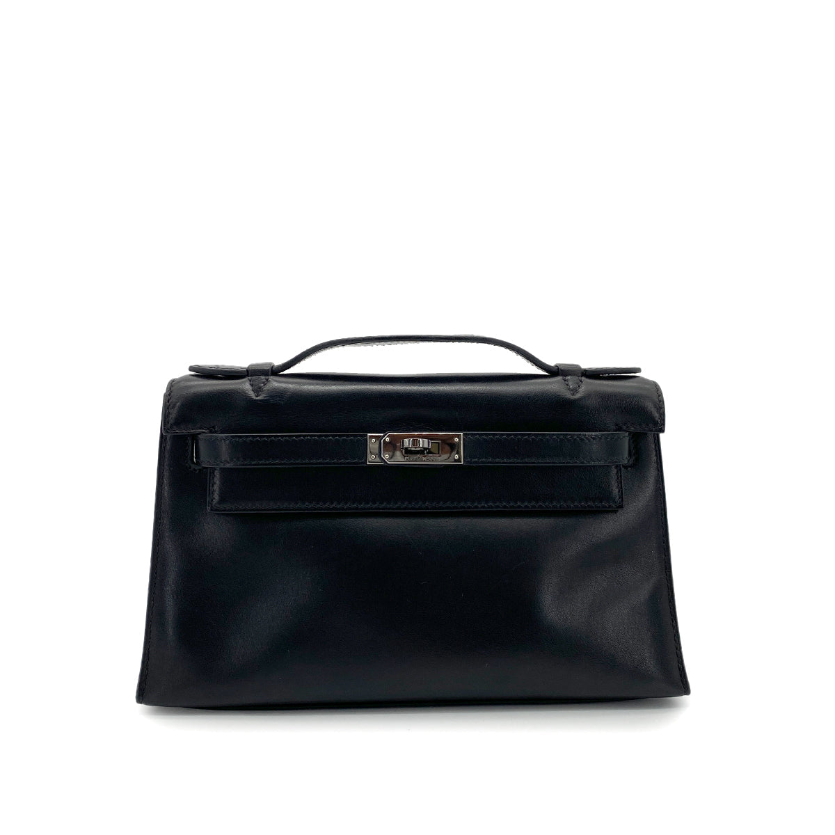 HERMES POCHETTE KELLY SELLIER BLACK SWIFT HAND BAG □H 90254617