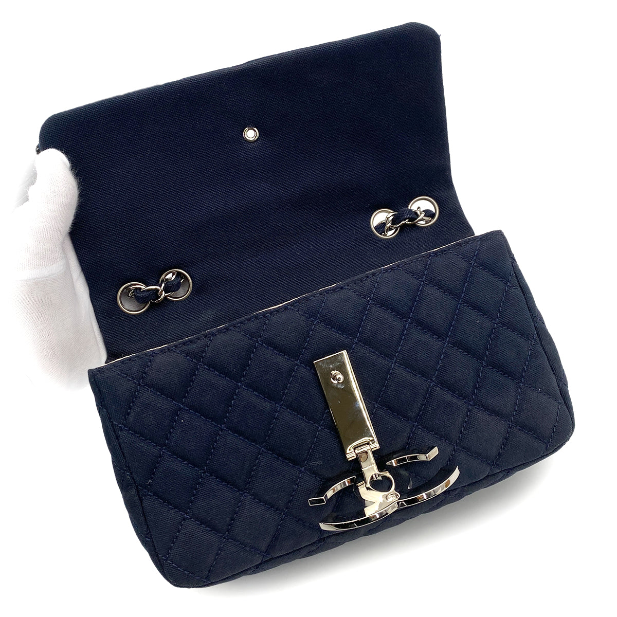 CHANEL VINTAGE CRUISELINE CHAIN SHOULDER BAG NAVY CANVAS 90257309