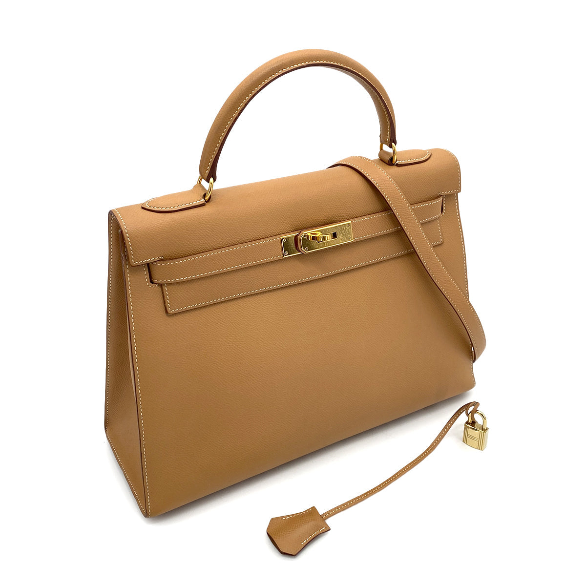 HERMES KELLY 32 SELLIER NATURAL COUCHEVEL HAND SHOULDER BAG □A 90257446