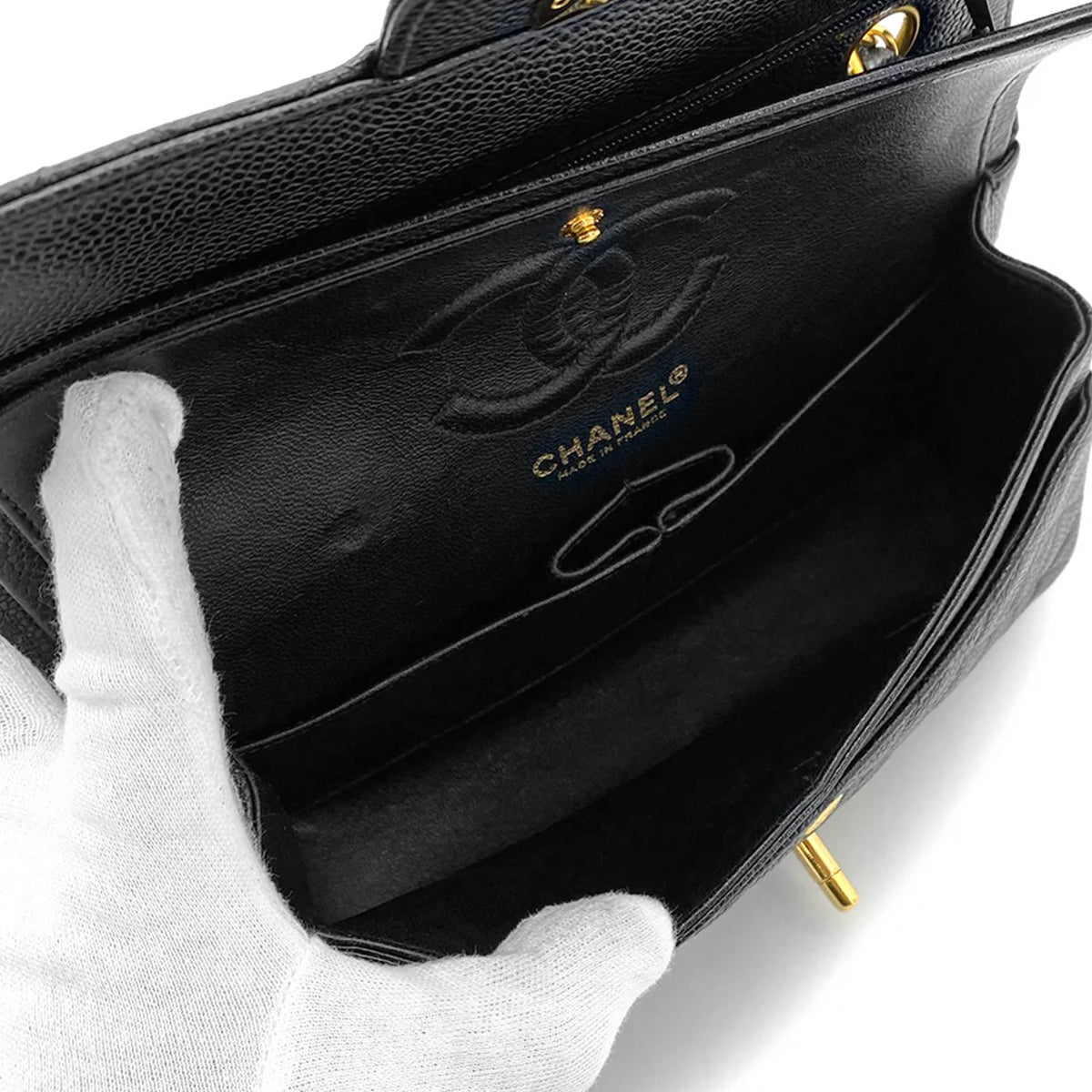 CHANEL VINTAGE CLASSIC FLAP SMALL CHAIN SHOULDER BAG BLACK CAVIAR SKIN 90257455