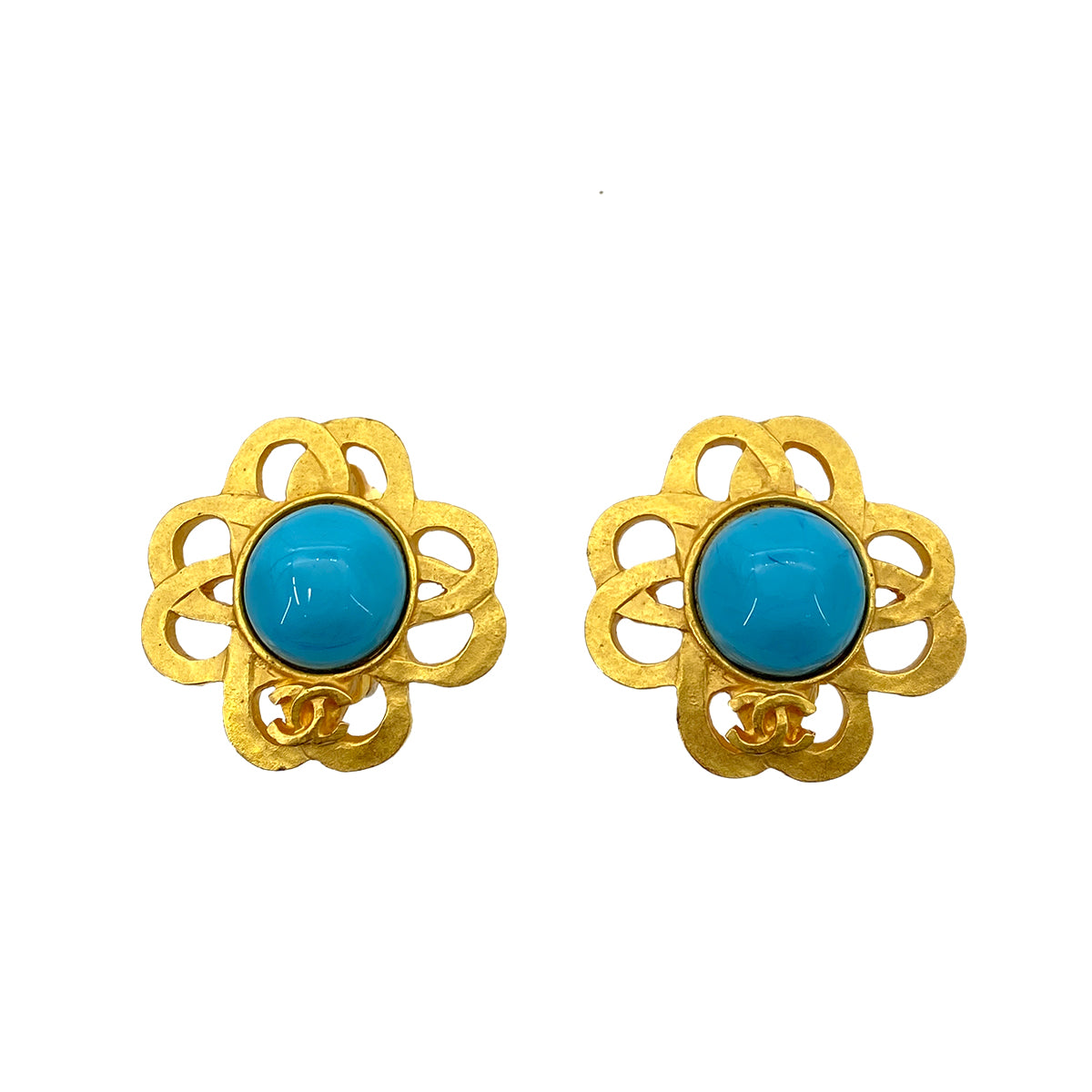 CHANEL VINTAGE EARRINGS FLOWER TURQUOISE ACCESSORY 95P 90258040