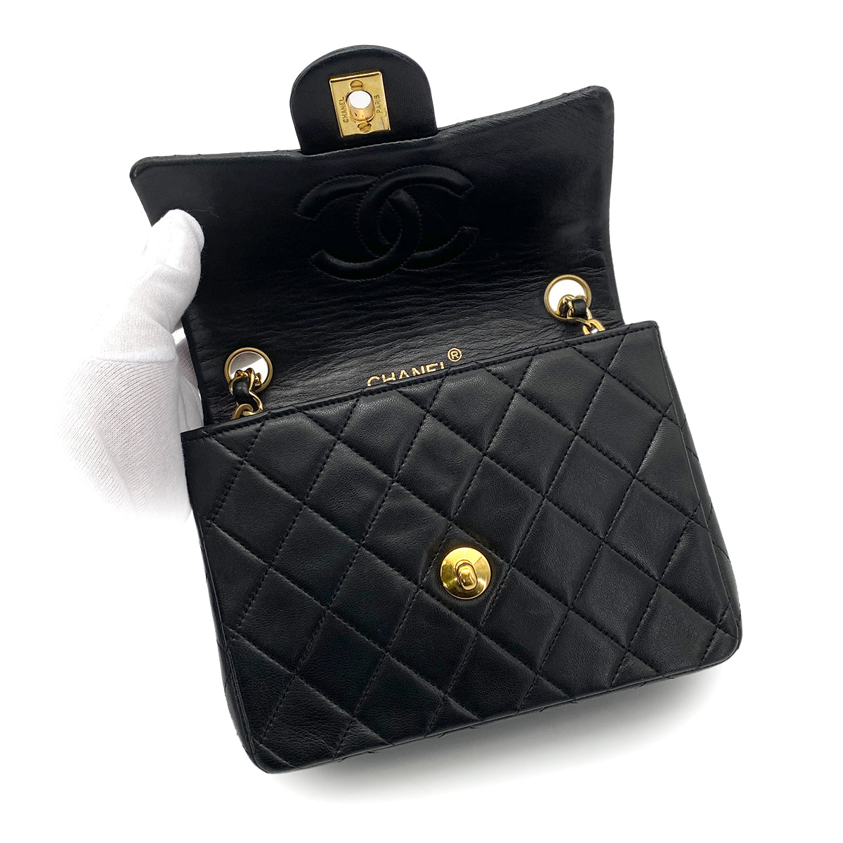 CHANEL VINTAGE MINI SQUARE 17 CHAIN SHOULDER BAG BLACK LAMB SKIN 90258114