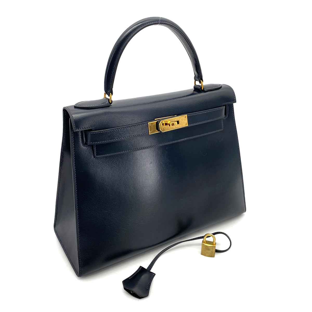 HERMES KELLY 28 SELLIER BLUE INDIGO BOXCALF HAND BAG 〇R GHW 90258367