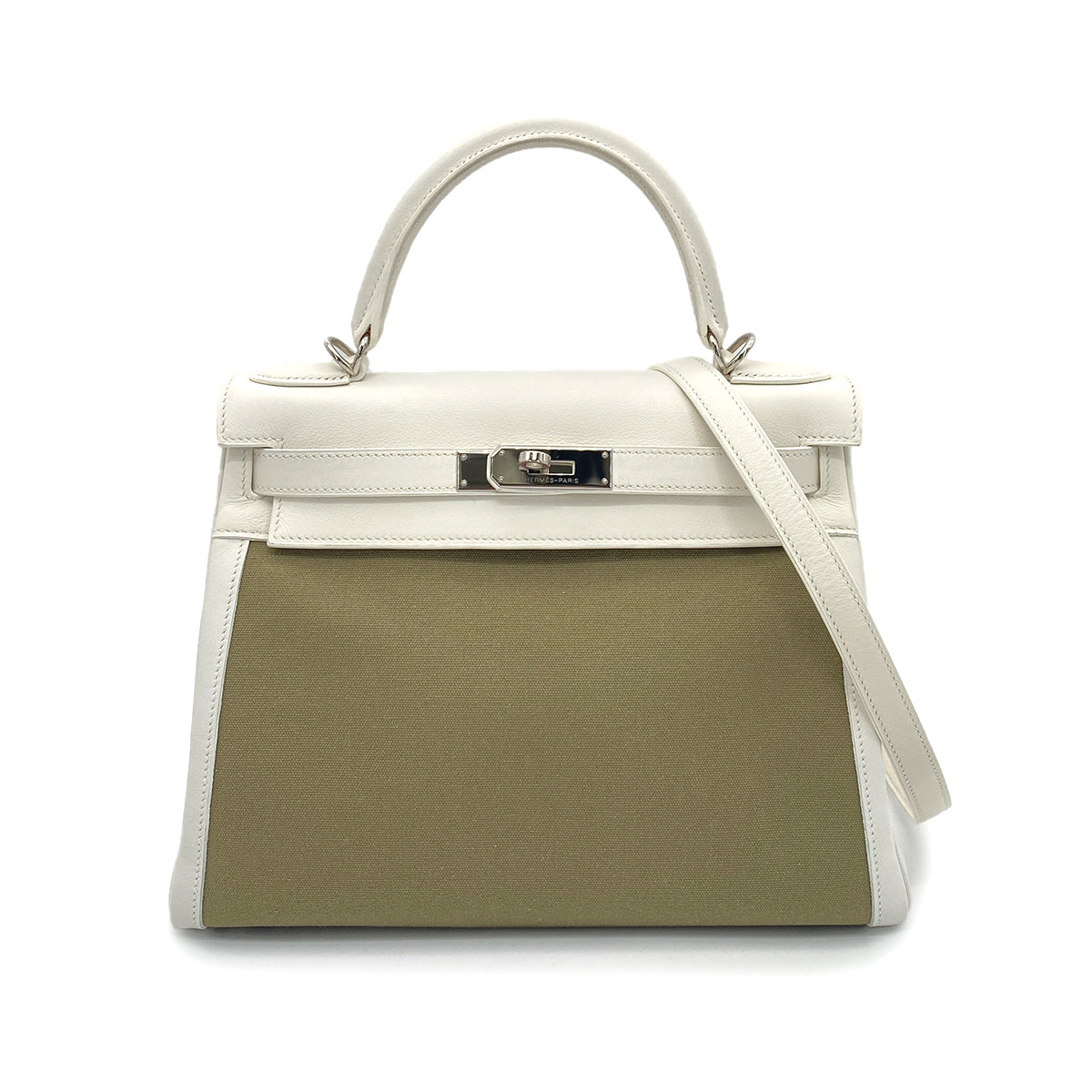 HERMES KELLY 28 RETOURNE WHITE KAHKI VEAU SWIFT TOILE HAND SHOULDER BAG □K SHW 90259702