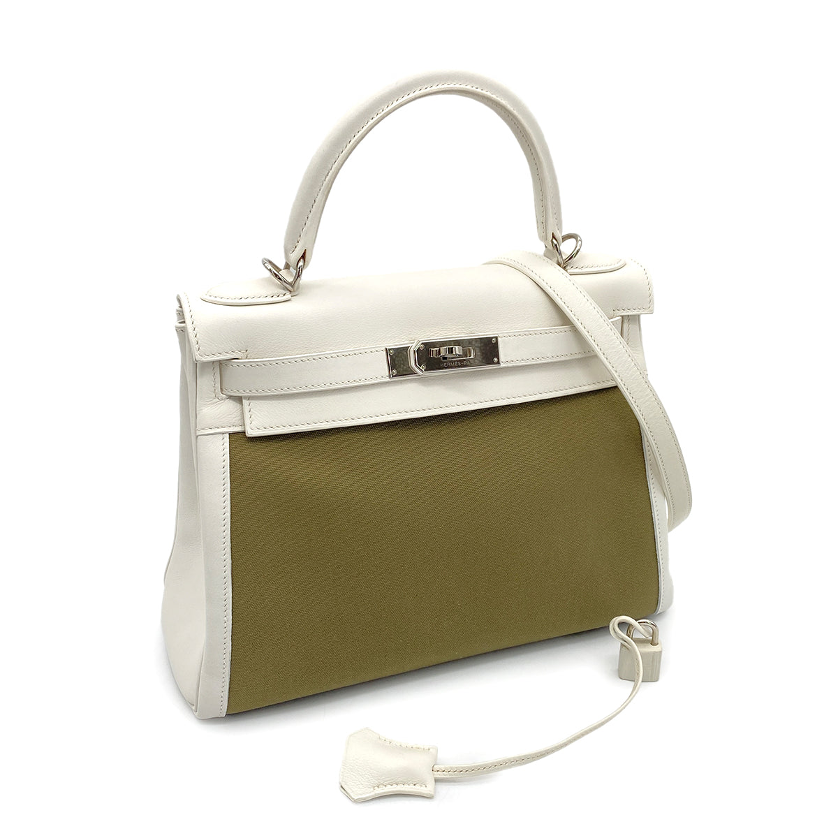 HERMES KELLY 28 RETOURNE WHITE KAHKI VEAU SWIFT TOILE HAND SHOULDER BAG □K SHW 90259702