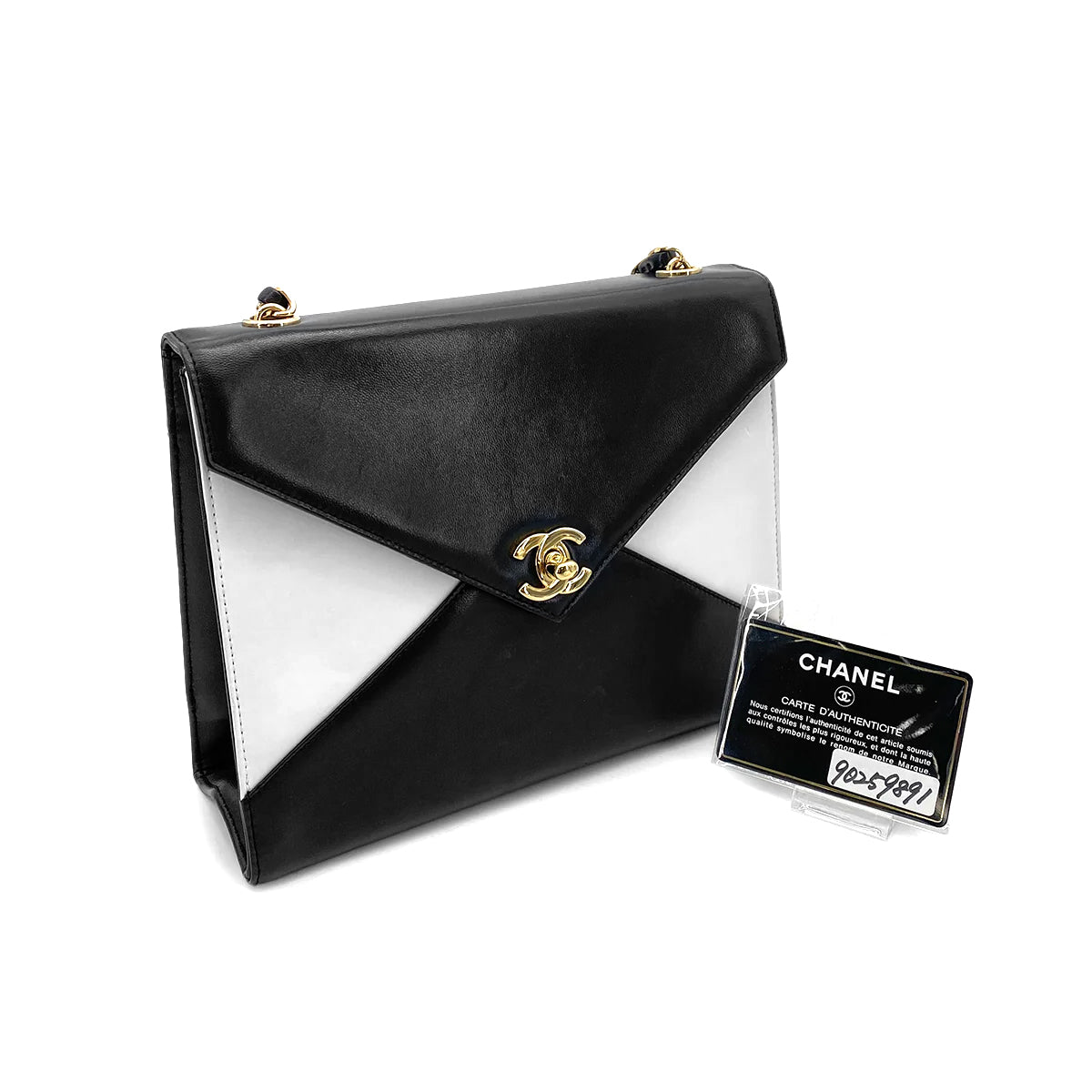 CHANEL VINTAGE CHAIN HAND BAG BLACK WHITE LAMB SKIN 90259891