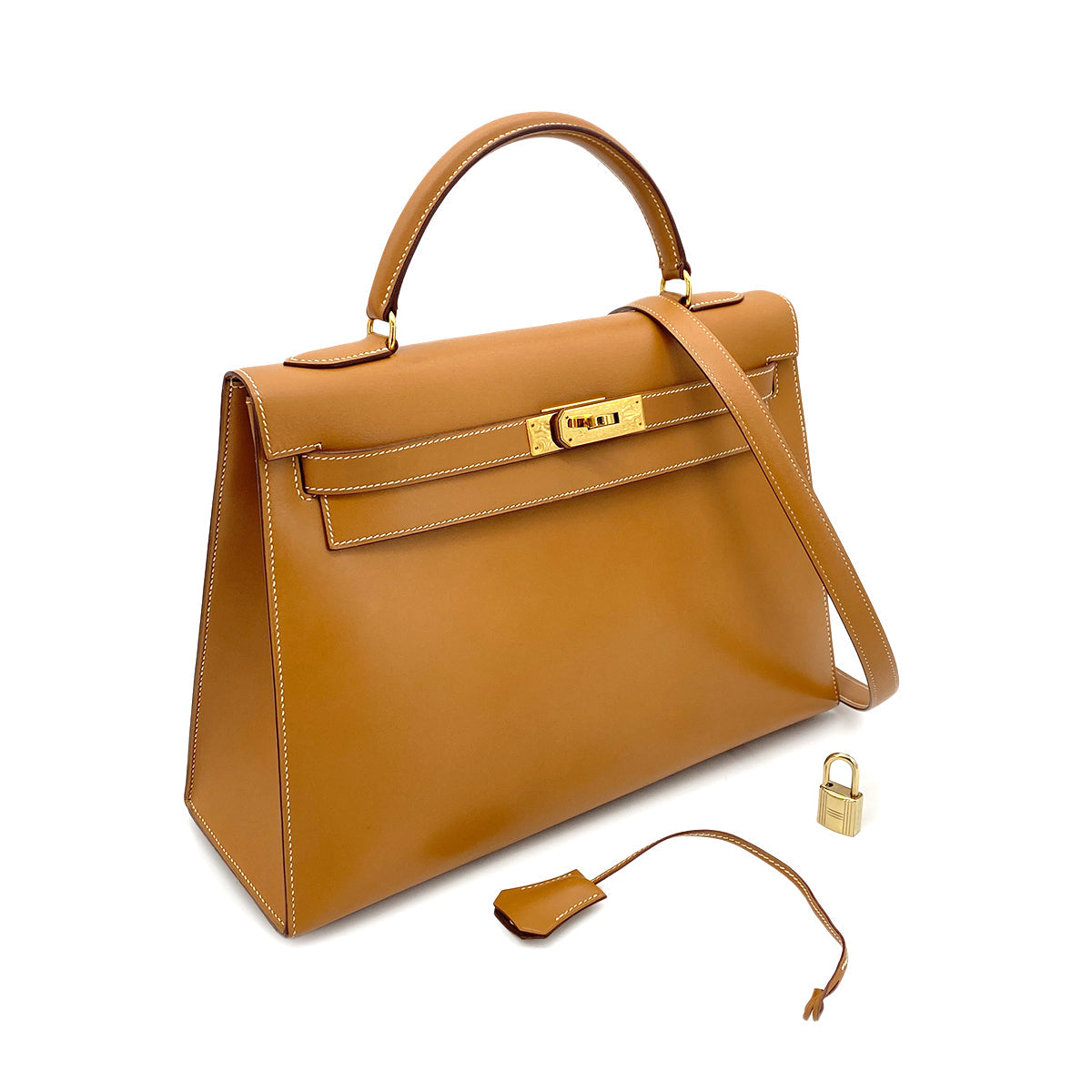 HERMES KELLY 32 SELLIER NATURAL BOXCALF HAND SHOULDER BAG 〇V GHW 90260142