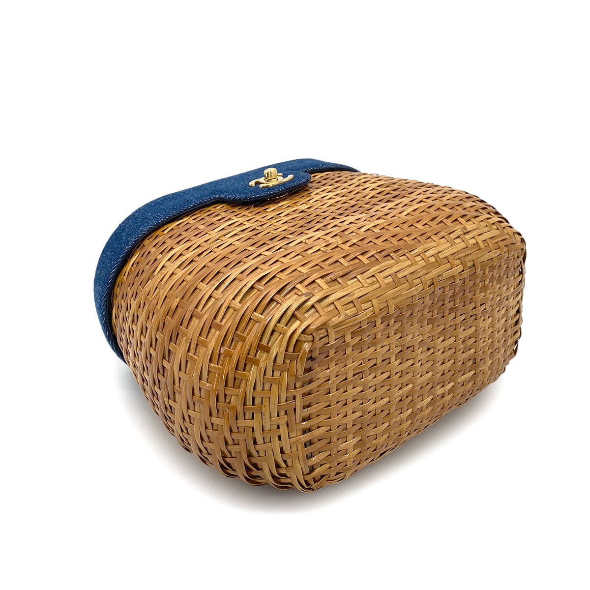 CHANEL VINTAGE CHAIN SHOULDER BAG BLUE BROWN DENIM STRAW 90260167