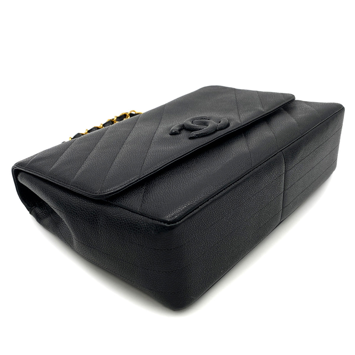 CHANEL VINTAGE BIAS STITCH CHAIN SHOULDER BAG BLACK CAVIAR SKIN 90260184