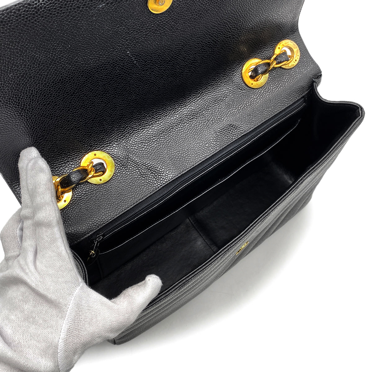 CHANEL VINTAGE BIAS STITCH CHAIN SHOULDER BAG BLACK CAVIAR SKIN 90260184