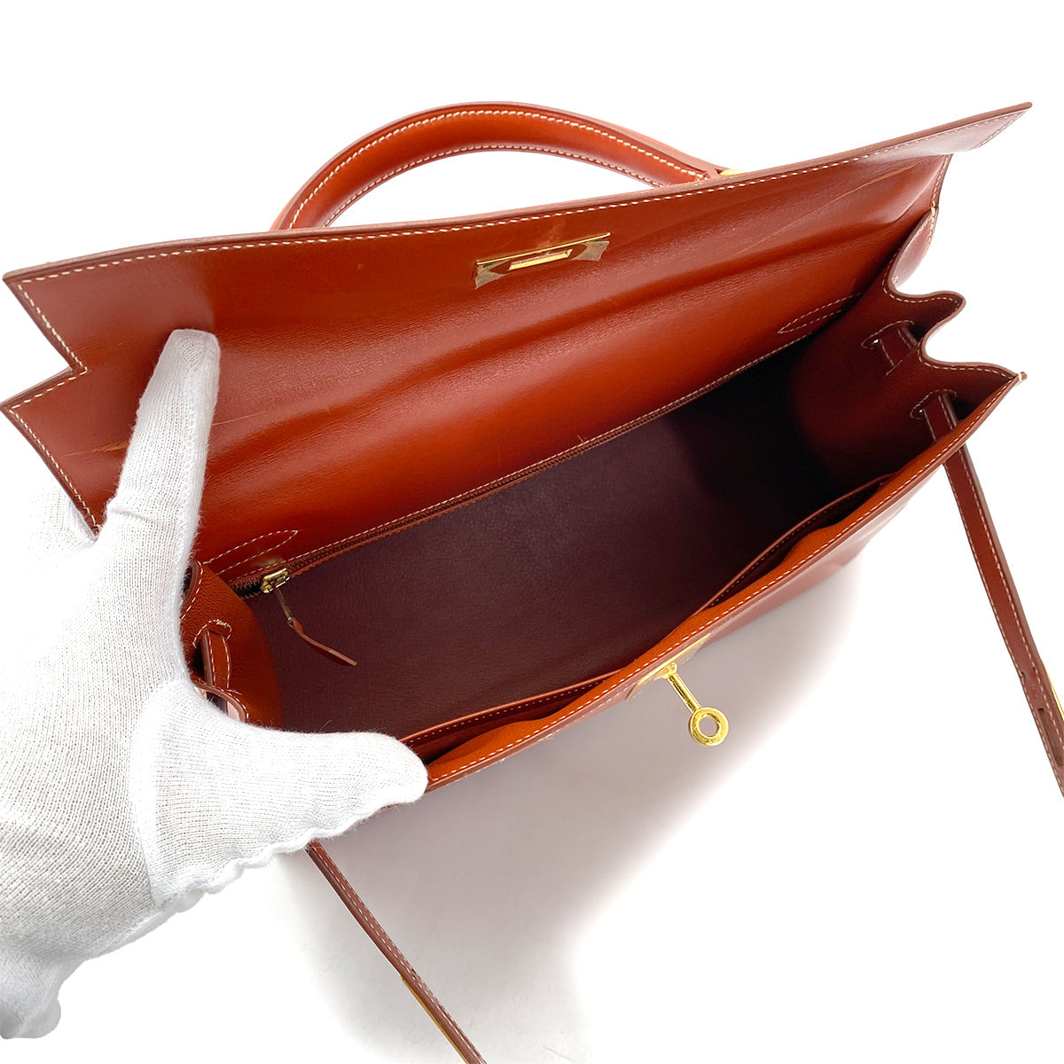 HERMES KELLY 32 SELLIER BRIQUE BOXCALF HAND SHOULDER BAG □B GHW 90261523