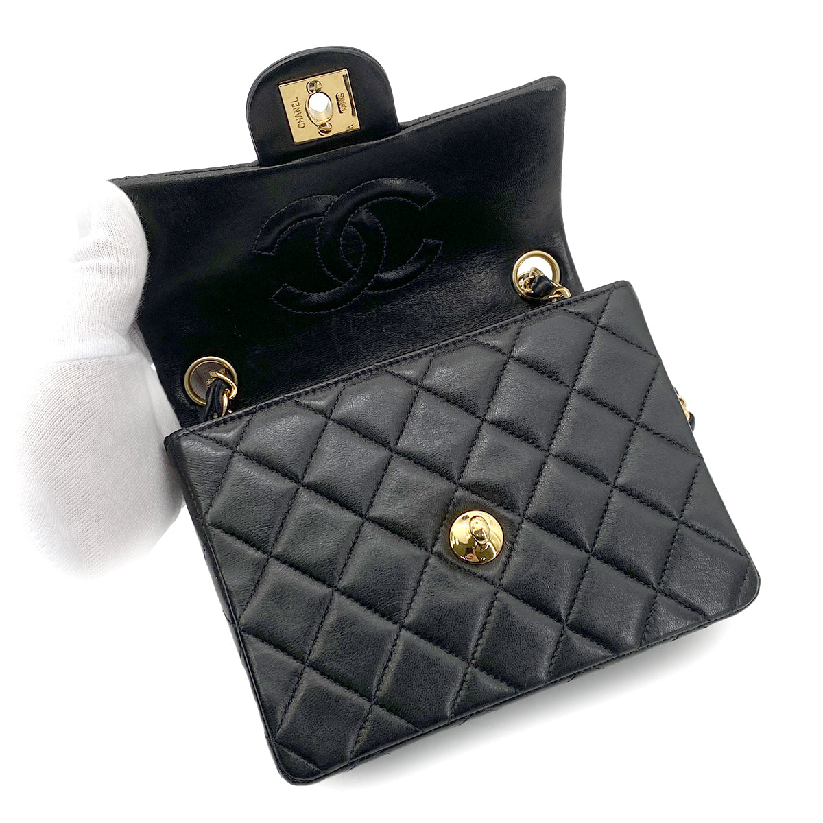 CHANEL VINTAGE MINI SQUARE 17 CHAIN SHOULDER BAG BLACK LAMB SKIN 90261808