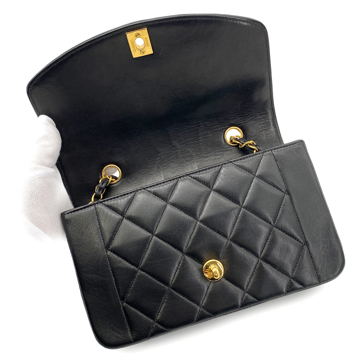 CHANEL VINTAGE DIANA SMALL CHAIN SHOULDER BAG BLACK LAMB SKIN 90263297