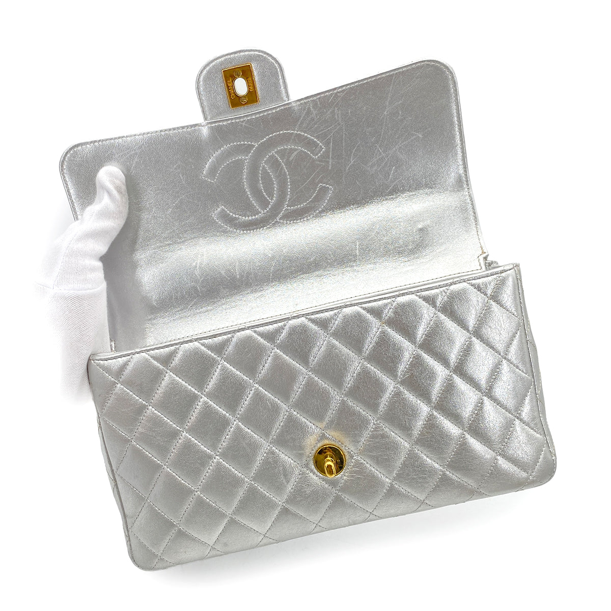 CHANEL VINTAGE PARENT-CHILD BAG PARENT ONLY SILVER LAMB SKIN 90263307