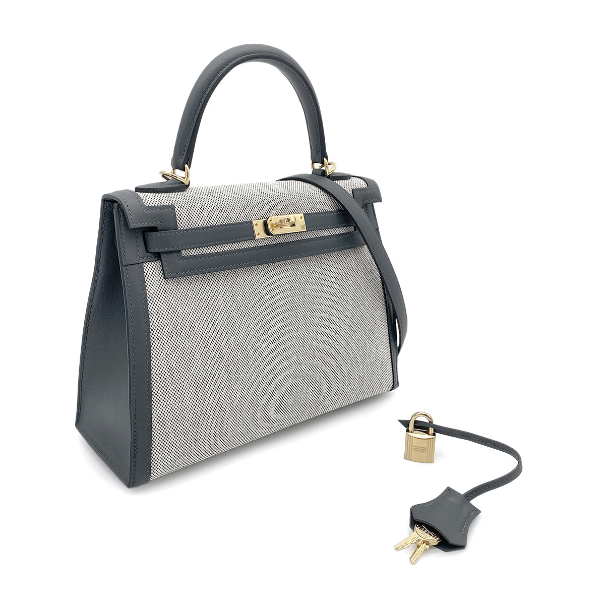 HERMES KELLY 25 SELLIER GRIS MISTY SWIFT TOILE H HAND SHOULDER BAG W GHW 90264530