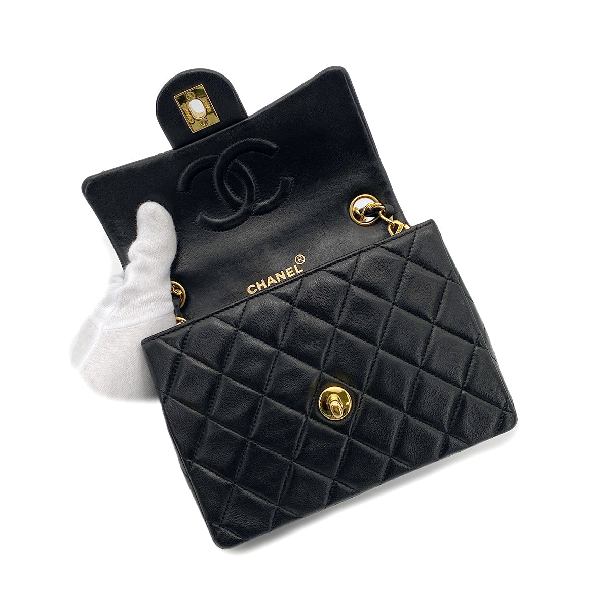 CHANEL VINTAGE MINI SQUARE 17 CHAIN SHOULDER BAG BLACK LAMB SKIN 90265883