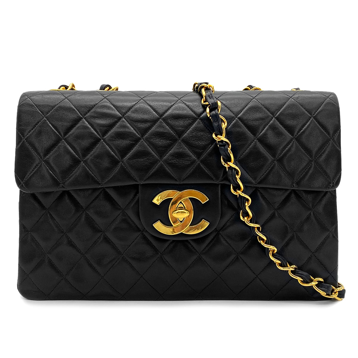 CHANEL VINTAGE MAXI MATELASSE 34 CHAIN SHOULDER BAG BLACK LAMB SKIN 90266740