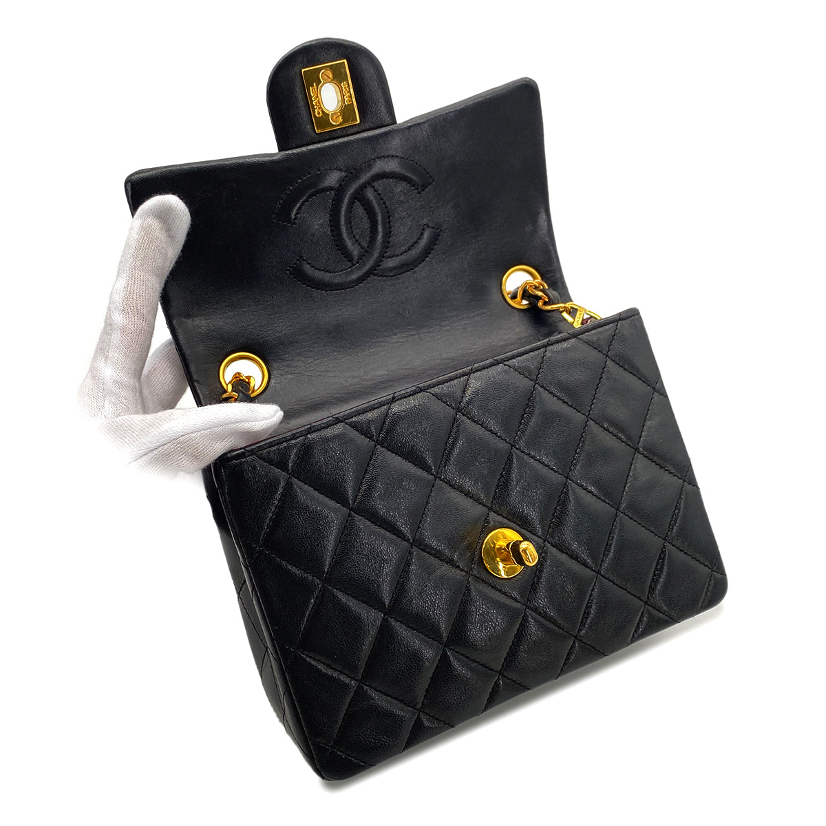 CHANEL VINTAGE MINI SQUARE 17 CHAIN SHOULDER BAG BLACK LAMB SKIN 90268814