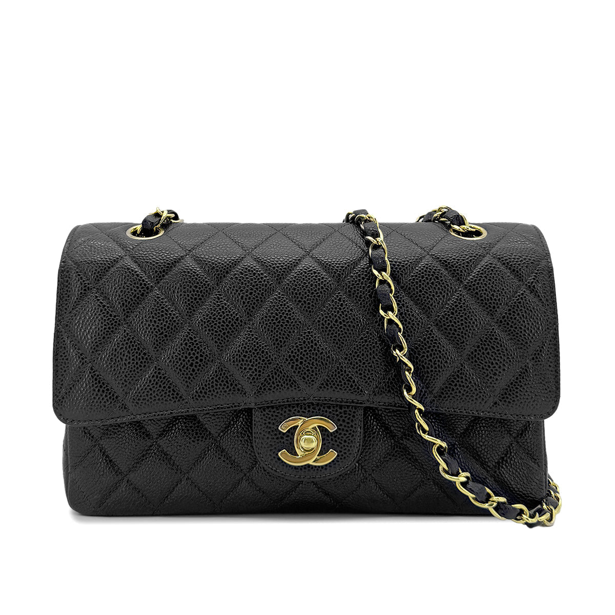CHANEL VINTAGE CLASSIC FLAP MEDIUM HAIN SHOULDER BAG BLACK CAVIAR SKIN 90268823