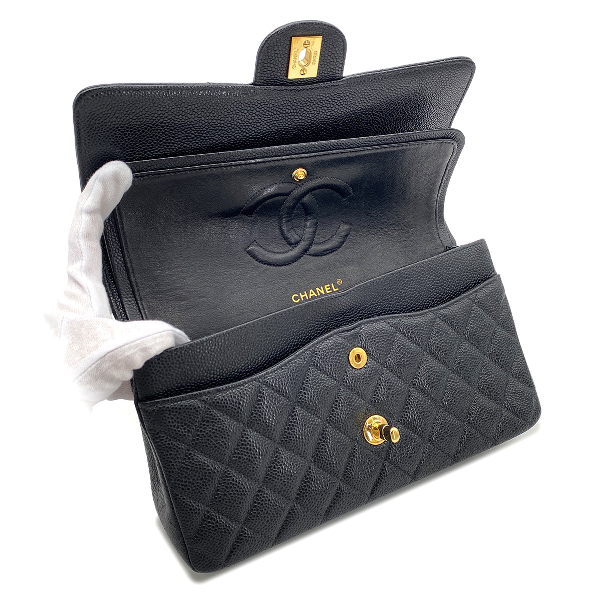 CHANEL VINTAGE CLASSIC FLAP MEDIUM HAIN SHOULDER BAG BLACK CAVIAR SKIN 90268823
