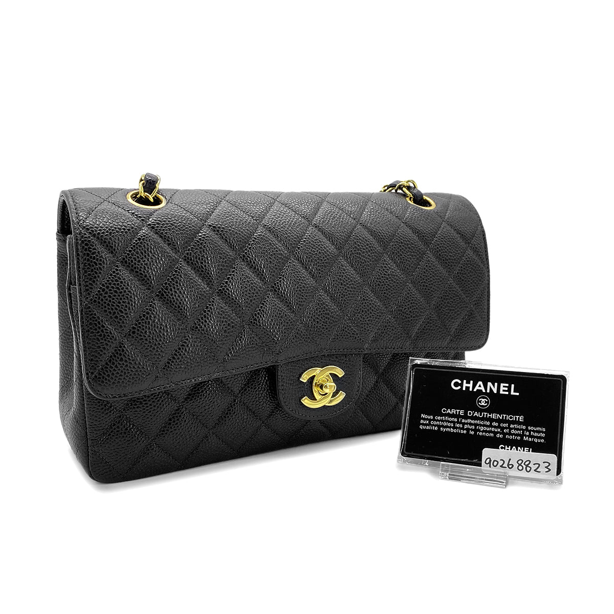 CHANEL VINTAGE CLASSIC FLAP MEDIUM HAIN SHOULDER BAG BLACK CAVIAR SKIN 90268823