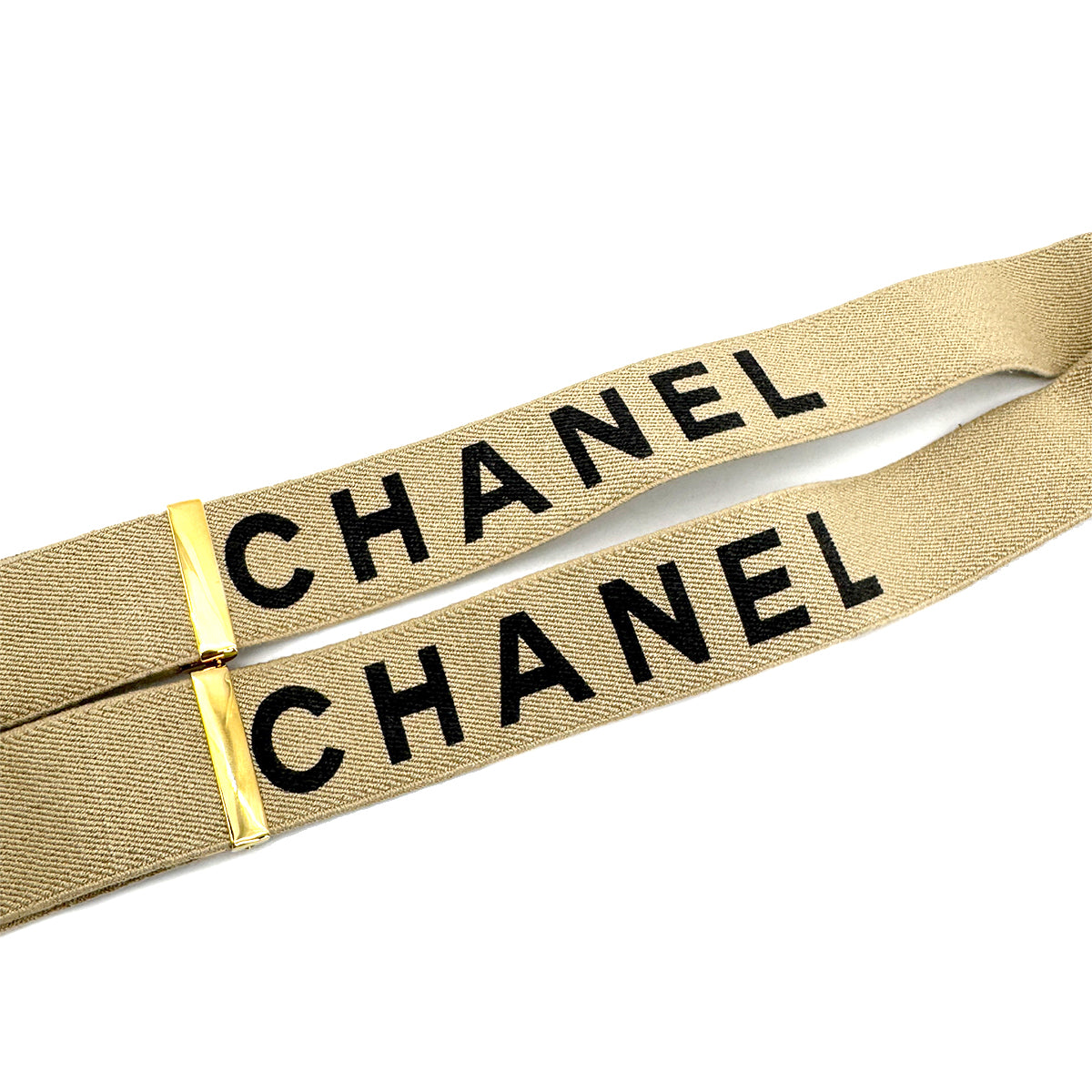 CHANEL VINTAGE SUSPENDER LOGO BEIGE BLACK CANVAS LEATHER 90270873