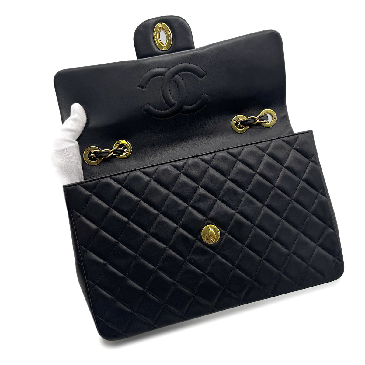 CHANEL VINTAGE MAXI MATELASSE 34 CHAIN SHOULDER BAG BLACK LAMB SKIN 90271908