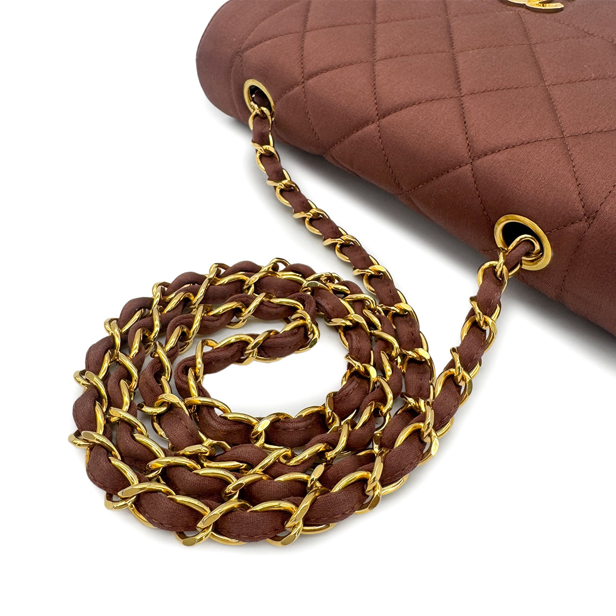 CHANEL VINTAGE DIANA SMALL CHAIN SHOULDER BAG BROWN SATIN 90272977