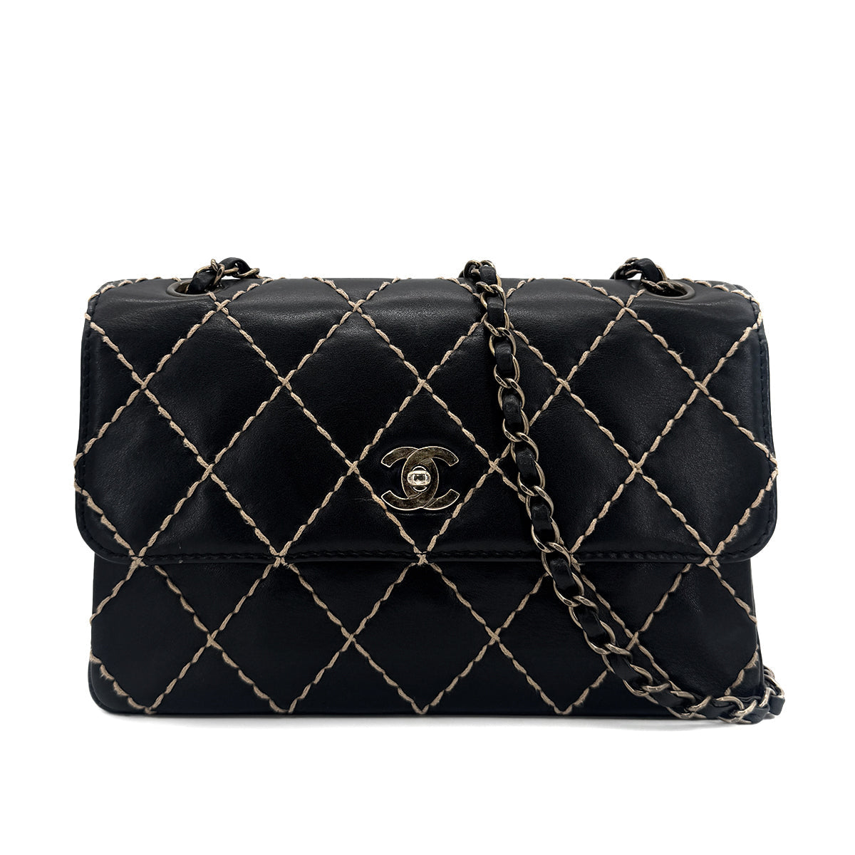 CHANEL VINTAGE WILD STITCH CHAIN SHOULDER BAG BLACK LEATHER 90273066 - PURPOSE