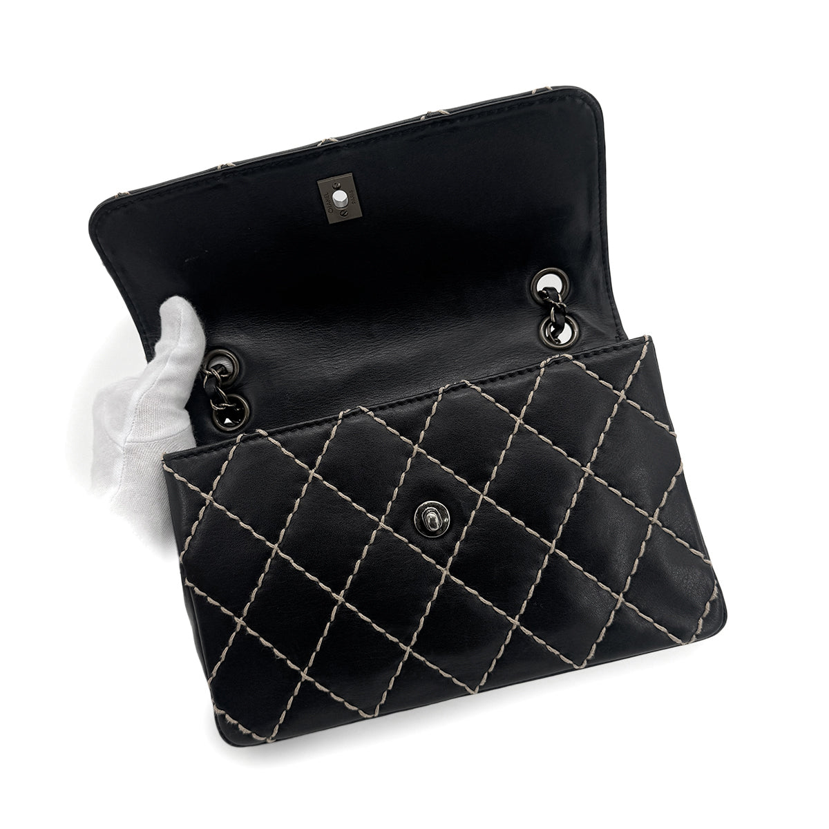 CHANEL VINTAGE WILD STITCH CHAIN SHOULDER BAG BLACK LEATHER 90273066 - PURPOSE