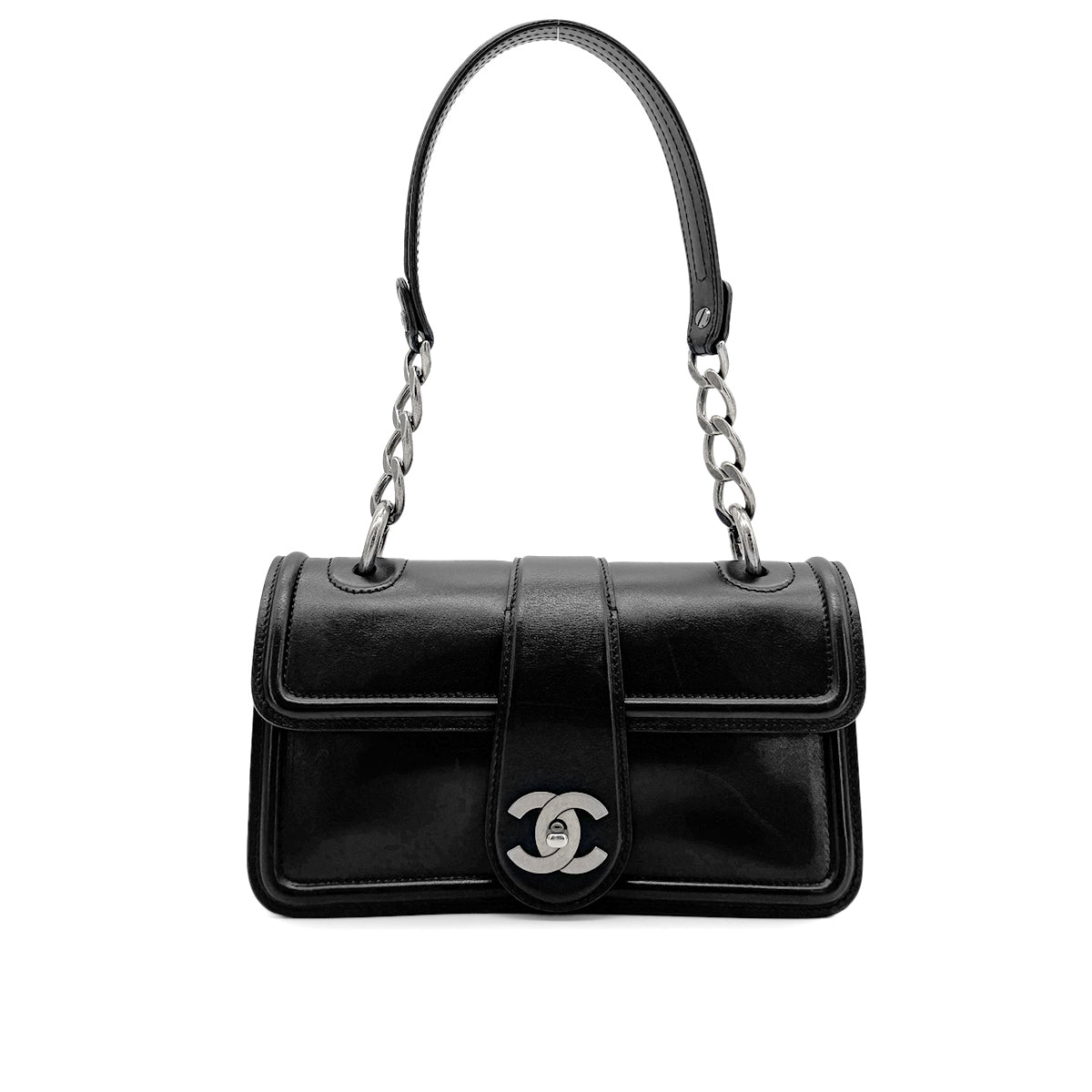 CHANEL VINTAGE TURN LOCK SHOULDER BAG BLACK CALF SKIN 90275620