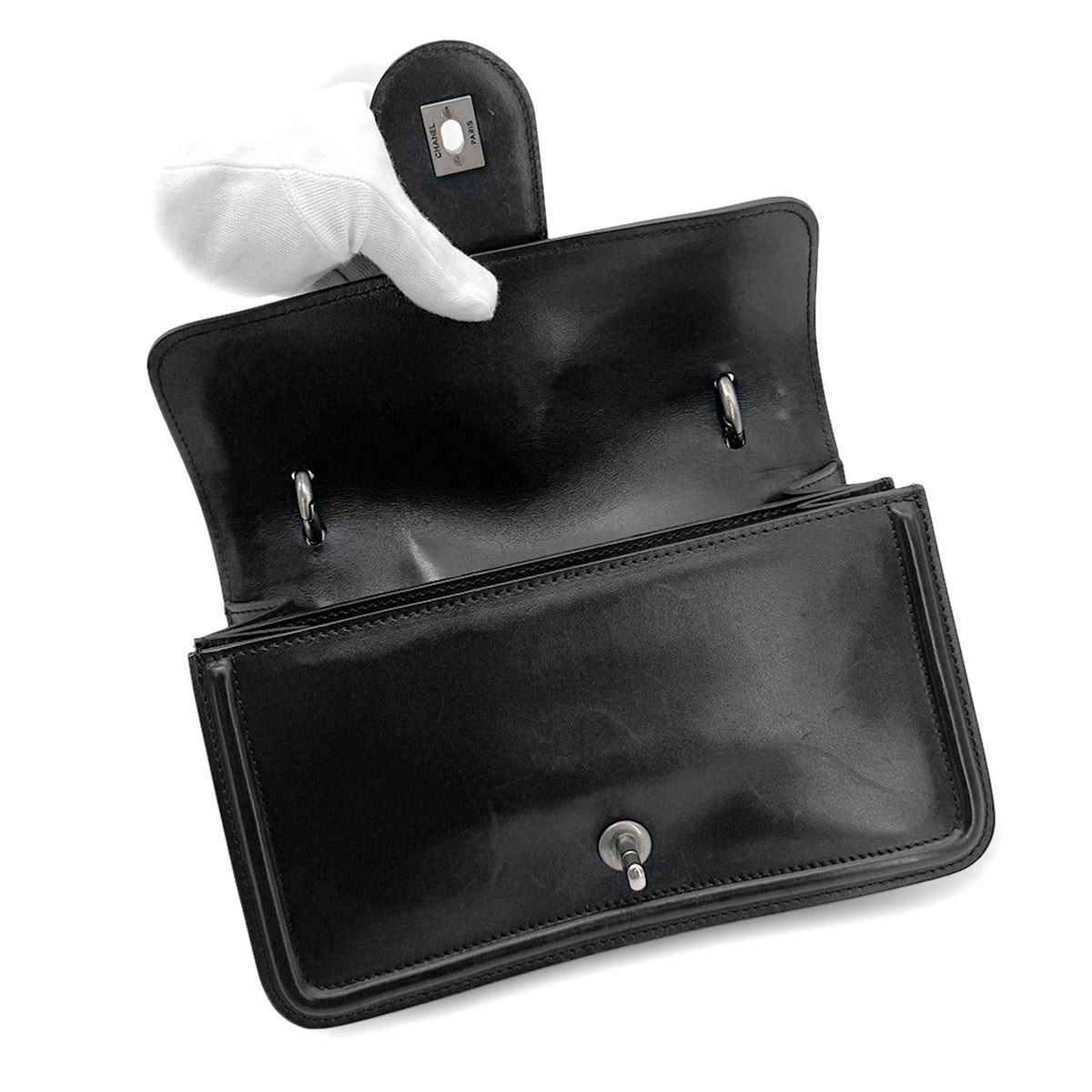 CHANEL VINTAGE TURN LOCK SHOULDER BAG BLACK CALF SKIN 90275620