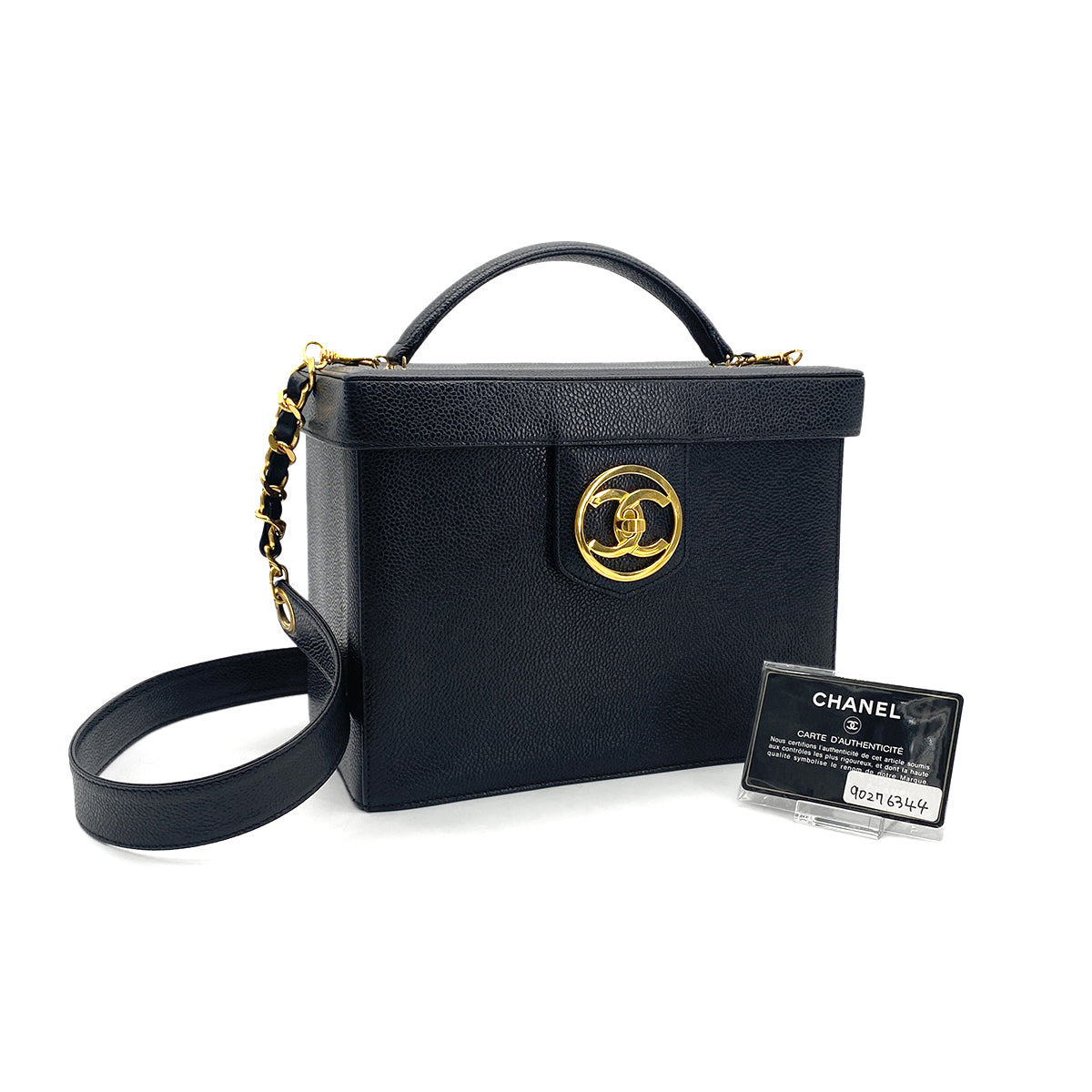 CHANEL VINTAGE TURN LOCK 2WAY VANITY HAND SHOULDER  BAG BLACK CAVIAR SKIN 90276344