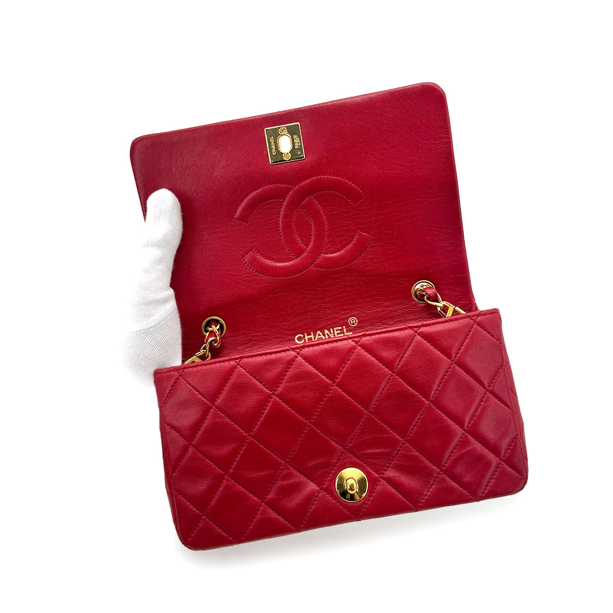 CHANEL VINTAGE MINI FULL FLAP CHAIN SHOULDER BAG RED LAMB SKIN 90277304