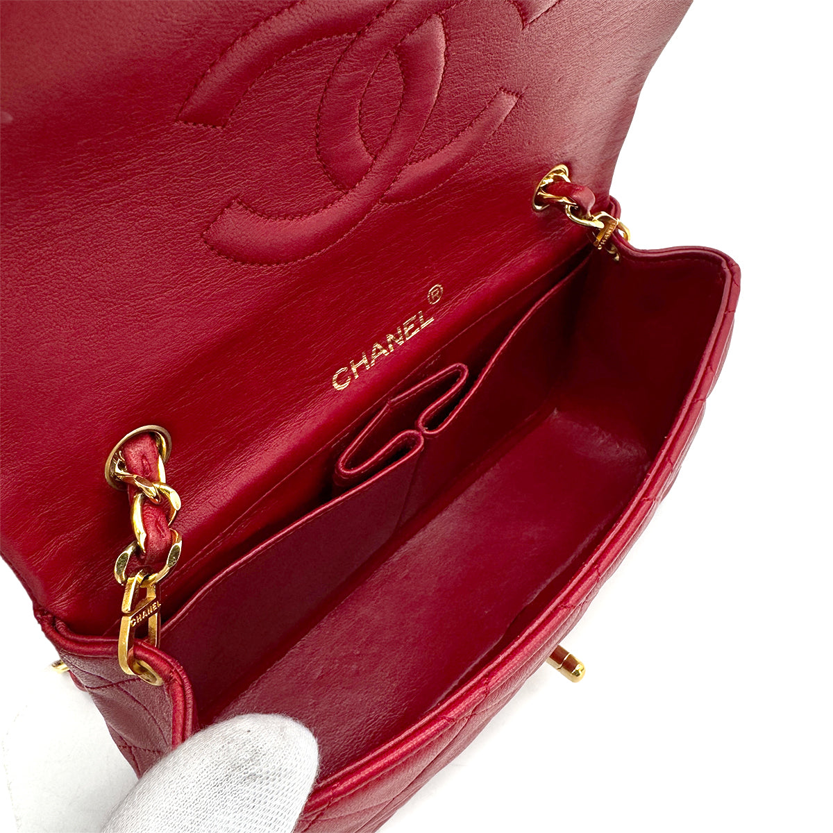 CHANEL VINTAGE MINI FULL FLAP CHAIN SHOULDER BAG RED LAMB SKIN 90277304
