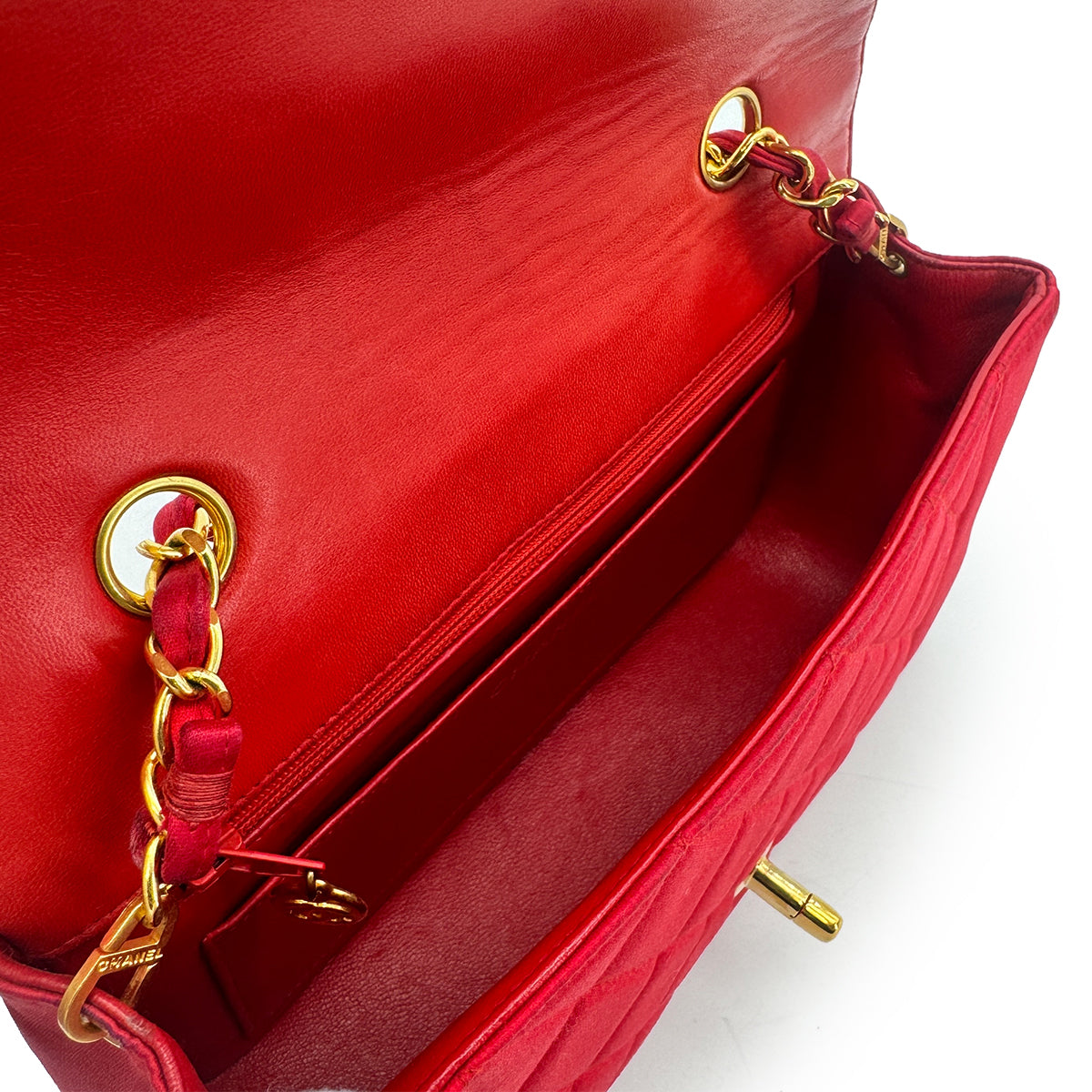 CHANEL VINTAGE DIANA SMALL CHAIN SHOULDER BAG RED SATIN 90277707