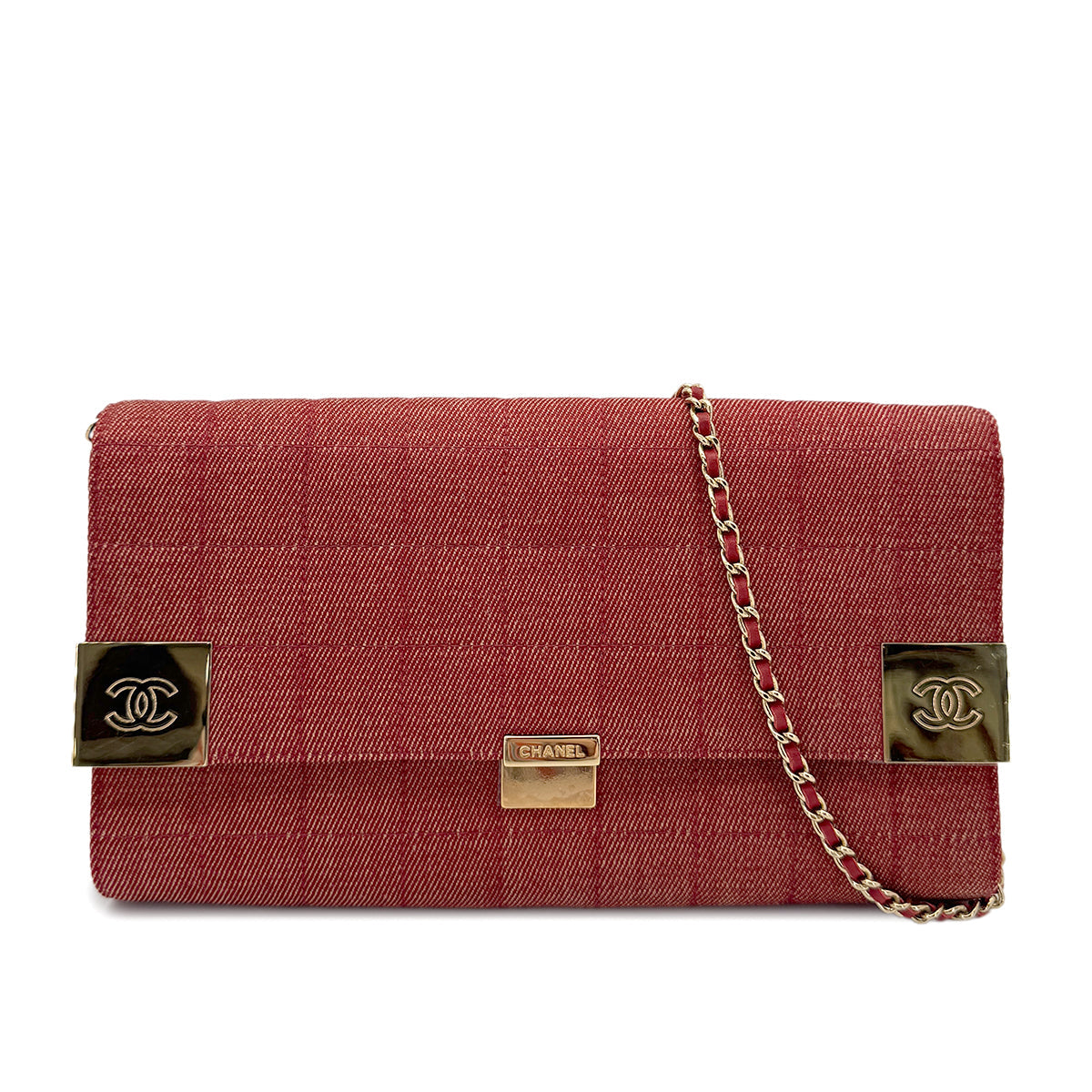 CHANEL VINTAGE CHOCOLATE BAR CHAIN SHOULDER BAG RED DENIM 90279008