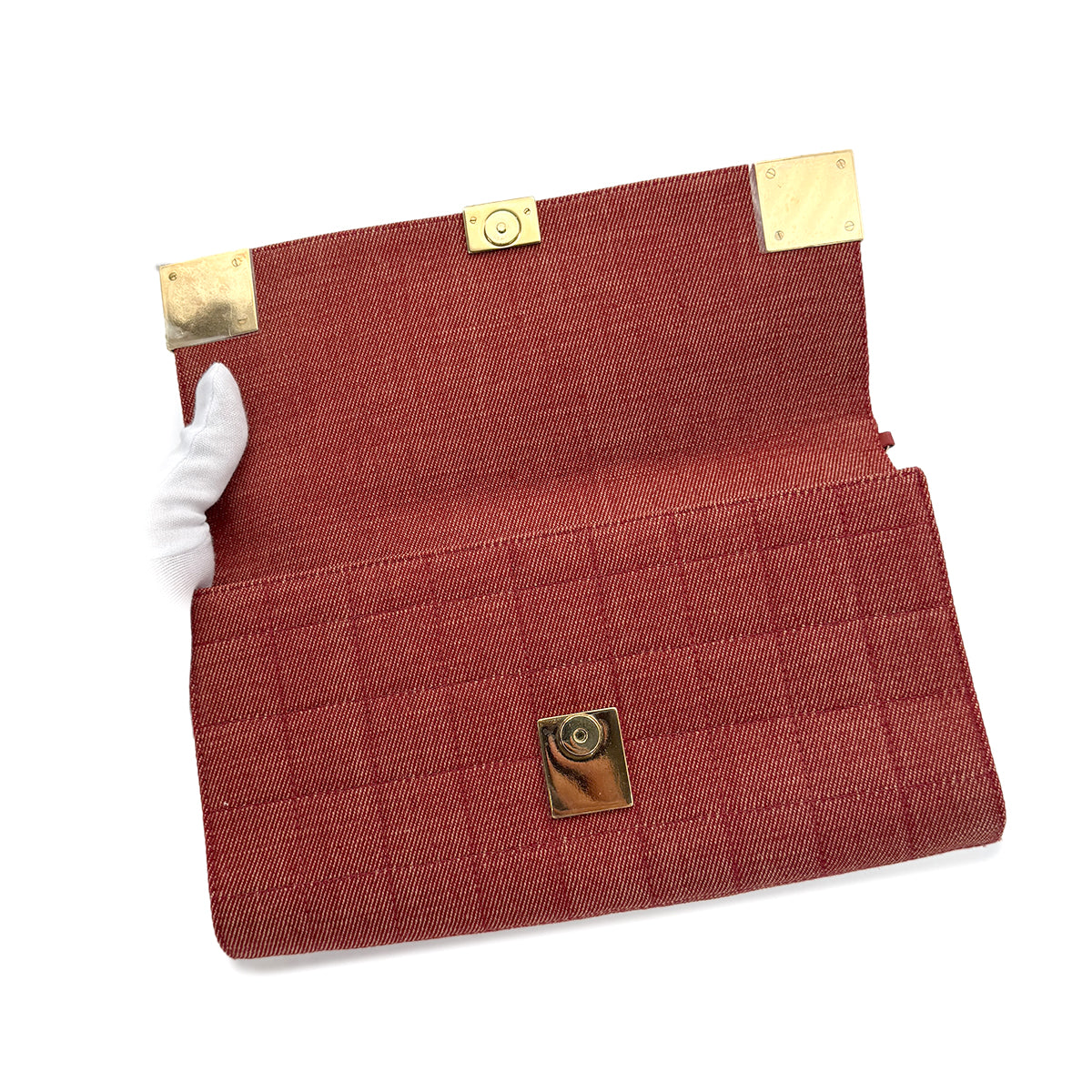 CHANEL VINTAGE CHOCOLATE BAR CHAIN SHOULDER BAG RED DENIM 90279008