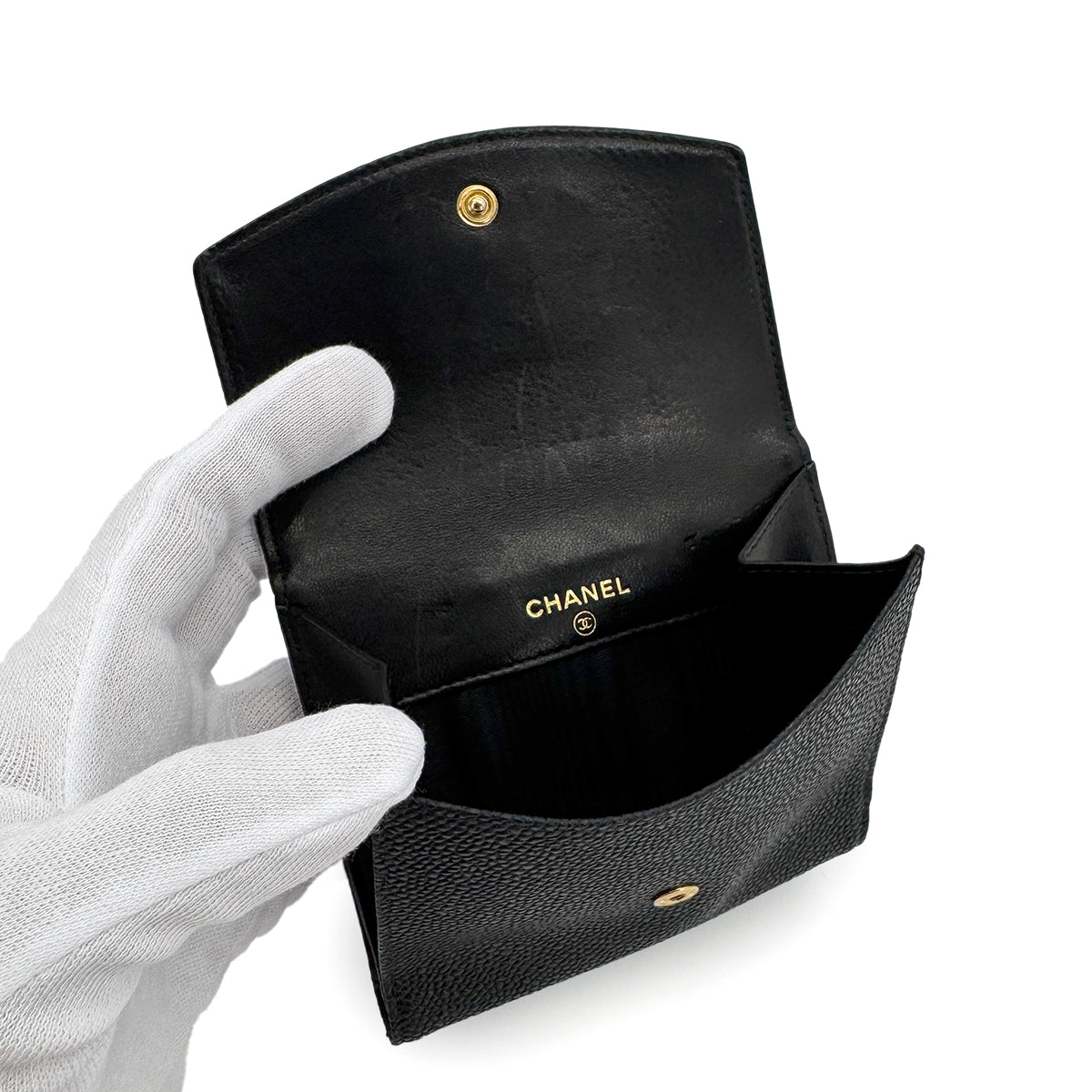 CHANEL VINTAGE BIFOLD COMPACT WALLET BLACK CAVIAR SKIN 90279013