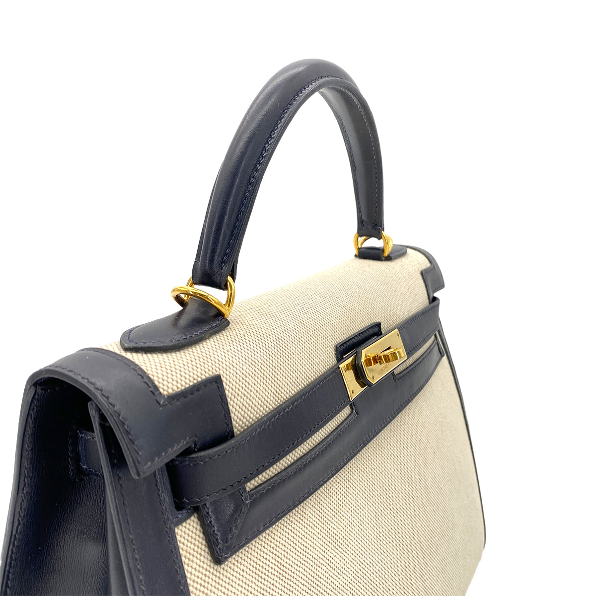 HERMES KELLY 32 BLUE INDIGO BOXCALF TOILE H HAND SHOULDER BAG □D GHW 90280294