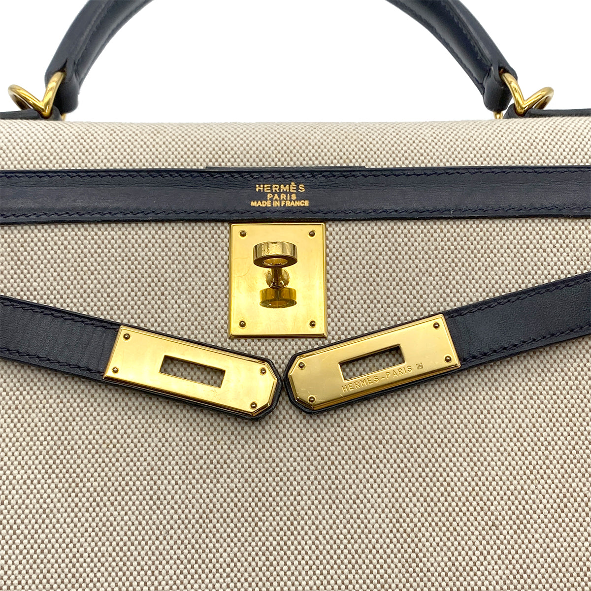 HERMES KELLY 32 BLUE INDIGO BOXCALF TOILE H HAND SHOULDER BAG □D GHW 90280294