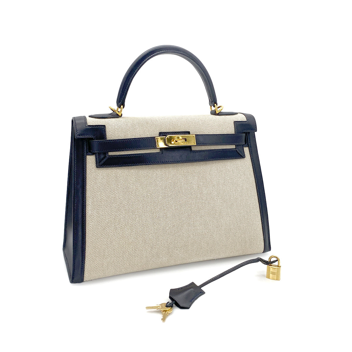HERMES KELLY 32 BLUE INDIGO BOXCALF TOILE H HAND SHOULDER BAG □D GHW 90280294