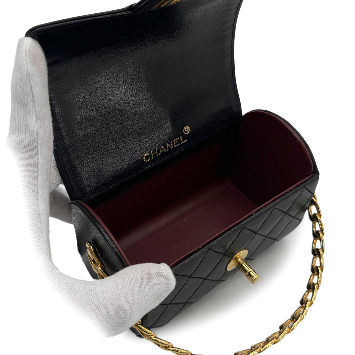 CHANEL VINTAGE MINI CHAIN HAND BAG BLACK LAMB SKIN 90280710