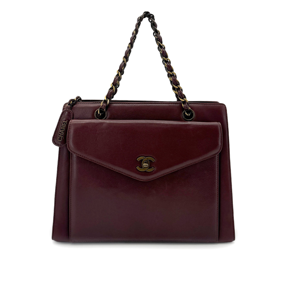 CHANEL VINTAGE TURN LOCK CHAIN TOTE BAG BROWN LEATHER 90281232