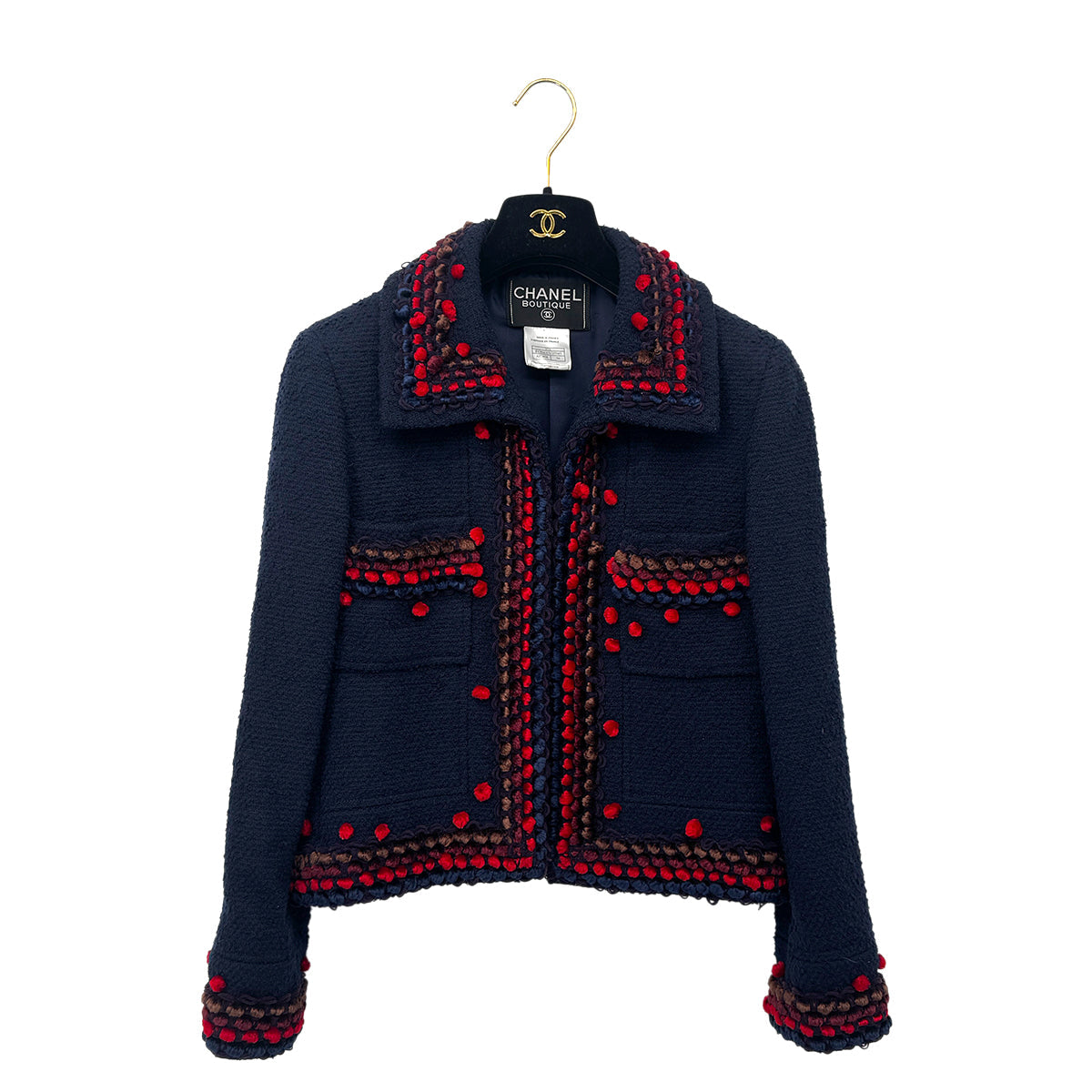 CHANEL VINTAGE TWEED JACKET NAVY RED WOOL 38 97A RTW 90284427