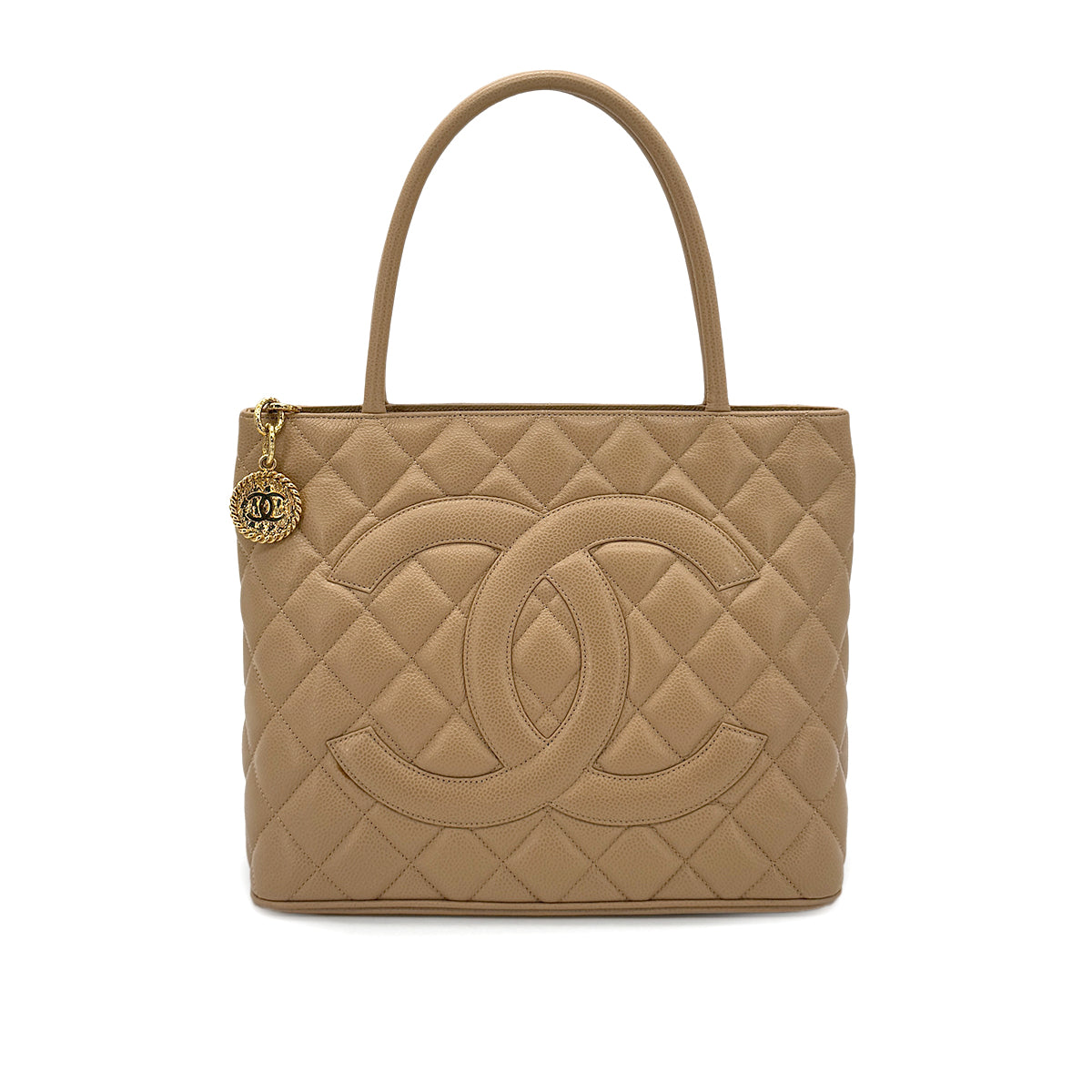 CHANEL VINTAGE MEDALLION TOTE BAG BEIGE CAVIAR SKIN 90284878