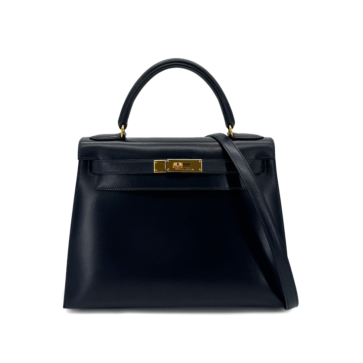 HERMES KELLY 28 SELLIER BLUE INDIGO BOXCALF HAND SHOULDER BAG 〇Z GHW 90285100