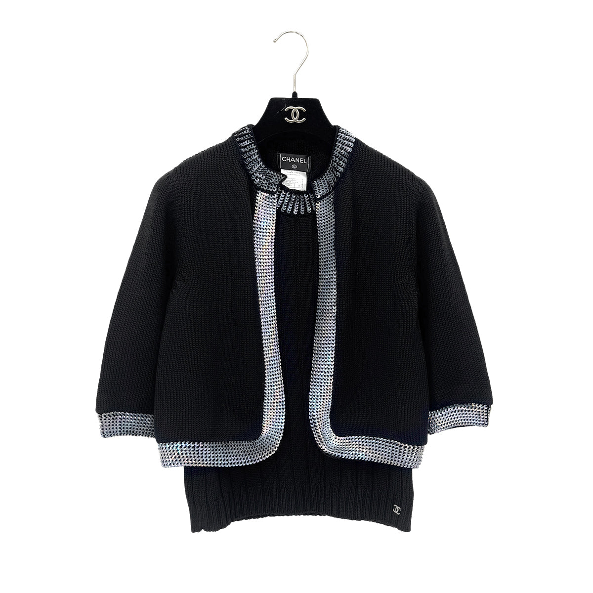 CHANEL VINTAGE COCOMARK TWIN KNIT SEQUINS CARDIGAN SLEEVELESS TOPS BLACK WOOL 38 99A RTW 90286925 - PURPOSE